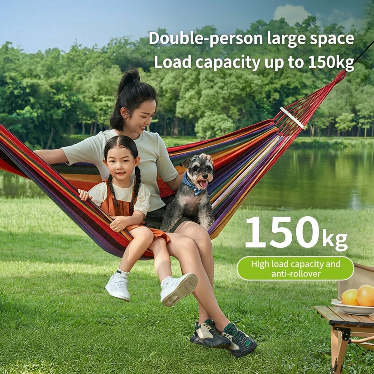 ochama x J.ZAO Hamac double de camping 200 × 150 cm - Rainbow - Capacité de charge de 150 kg - Barres d'écartement en bois - 2 sangles incluses
