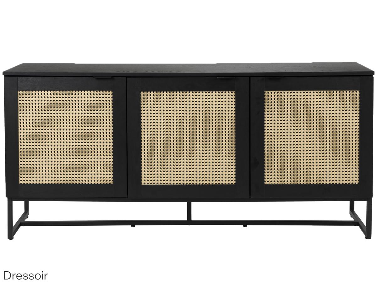 Meuble TV Cube de fonQ – 150 x 40 x 50 cm – Meuble en bois noir avec détails en rotin tressé et piètement métallique – Style bohème