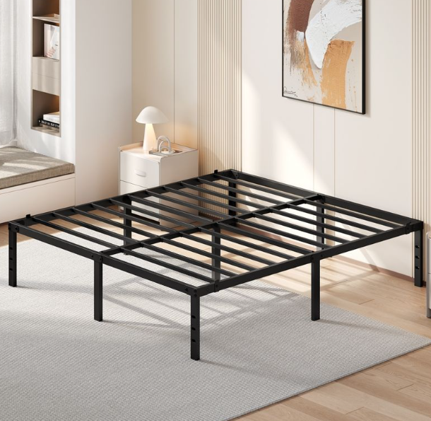 Lit double en métal Yaheetech - Noir - 201 x 181 x 41,5 cm - Matelas 180 x 200 cm, avec sommier à lattes