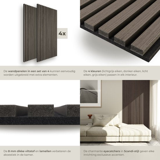 tectake® Acoustic Panels - Lot de 4 - Panneau mural acoustique - 60 x 120 cm - 2,88 m² - Panneaux muraux à taille réglable - Mur à lattes en MDF et placage bois - Isolation acoustique - Décoration murale élégante - Installation facile - Gris chêne