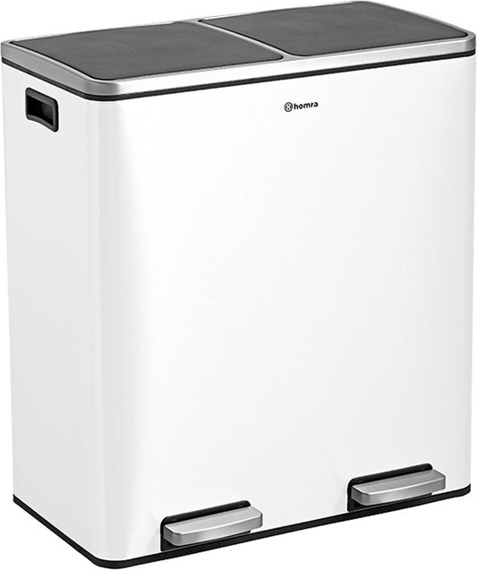 Homra QUICKX Poubelle de tri sélectif 2 compartiments Blanc - 60 L (2x30 L) Poubelle à pédale - Poubelle design Duo en acier inoxydable - Séparation des déchets - Poubelle de recyclage - Pédale hygiénique - Poubelle double - Poubelle de cuisine - Poubelle