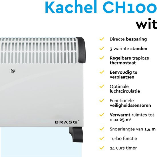 BRASQ - Convecteur électrique - Fonction turbo et thermostat réglable - Compact et silencieux - Minuterie - 750/1250-2000 watts - Chauffage avec protection contre la surchauffe - Blanc - Chauffage électrique