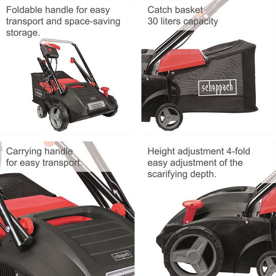Scarificateur et aérateur électrique Scheppach SC32 - 1 500 W - largeur de travail de 32 cm et profondeur de travail jusqu'à 12 mm - pour les pelouses jusqu'à 500 m²