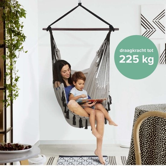 Siège suspendu Vita5 - Hamac Chaise - chaise suspendu - avec 2 coussins - porte-boissons - compartiment pour livres - adultes - enfants - charge maximale 150kg - gris