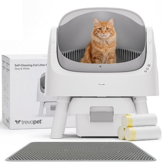 TrevoPet® Bac à litière automatique - autonettoyant et sûr - pour chats jusqu'à 12 kg - tapis, 60 sacs à déchets et accessoires inclus - poubelle de 10 litres - blanc et gris