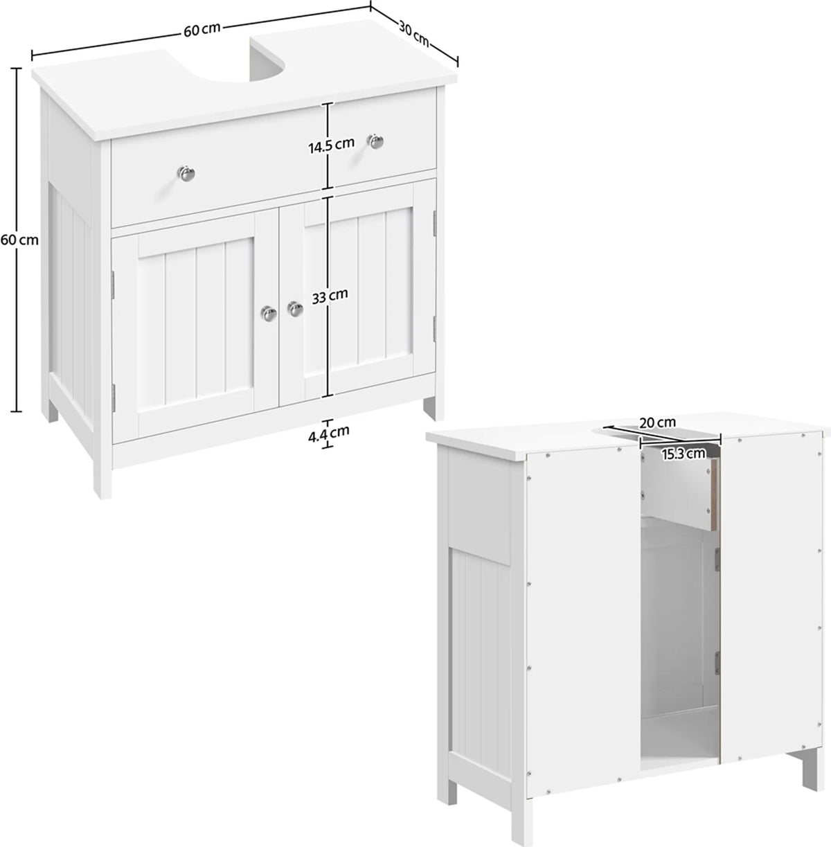 Meuble de salle de bains avec tiroir et 2 portes, style rustique, blanc, 60 × 30 × 60 cm