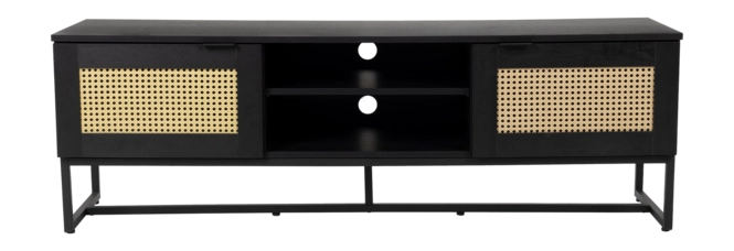 Meuble TV Cube de fonQ – 150 x 40 x 50 cm – Meuble en bois noir avec détails en rotin tressé et piètement métallique – Style bohème