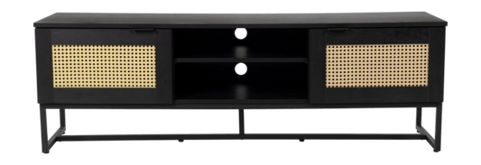 Meuble TV Cube de fonQ – 150 x 40 x 50 cm – Meuble en bois noir avec détails en rotin tressé et piètement métallique – Style bohème