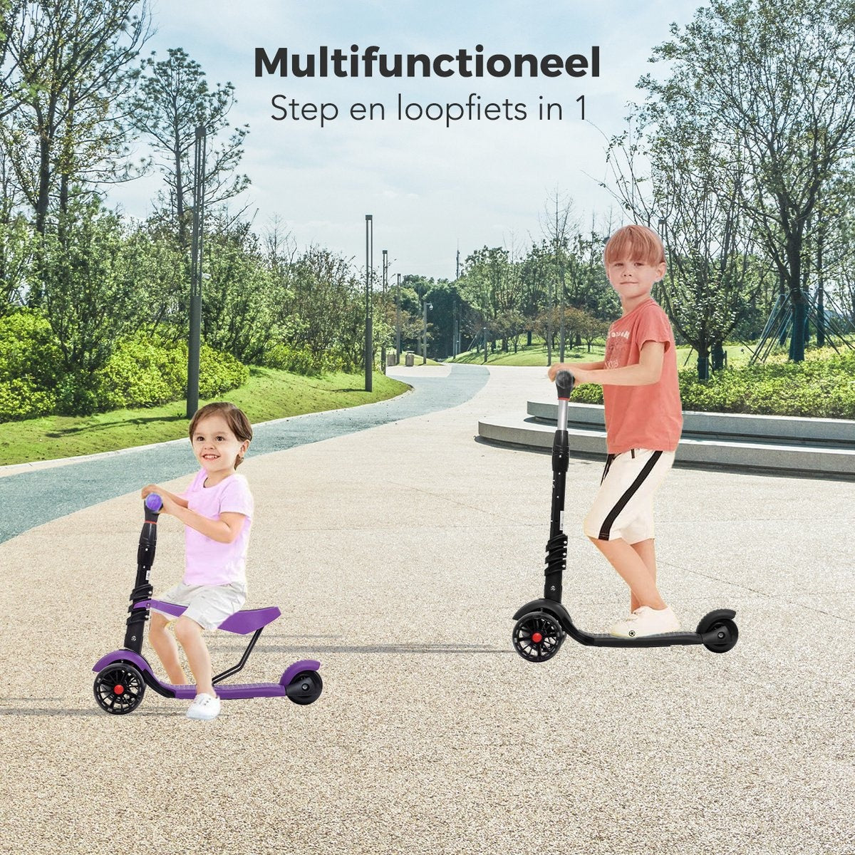LifeGoods MultiRider Scooter pour enfants - Étape 3-8 ans - Siège réglable - Roues lumineuses - Garçons/Filles - Violet