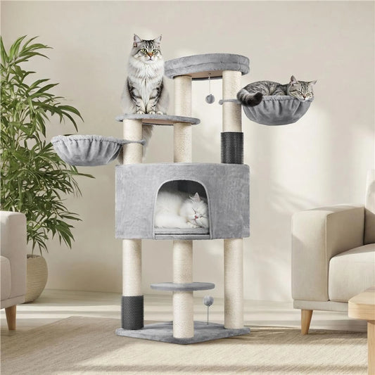 Arbre à chat Yaheetech, 160 cm de haut - tiges en sisal de ⌀11 cm, plateformes et niches pour chats - gris clair et beige