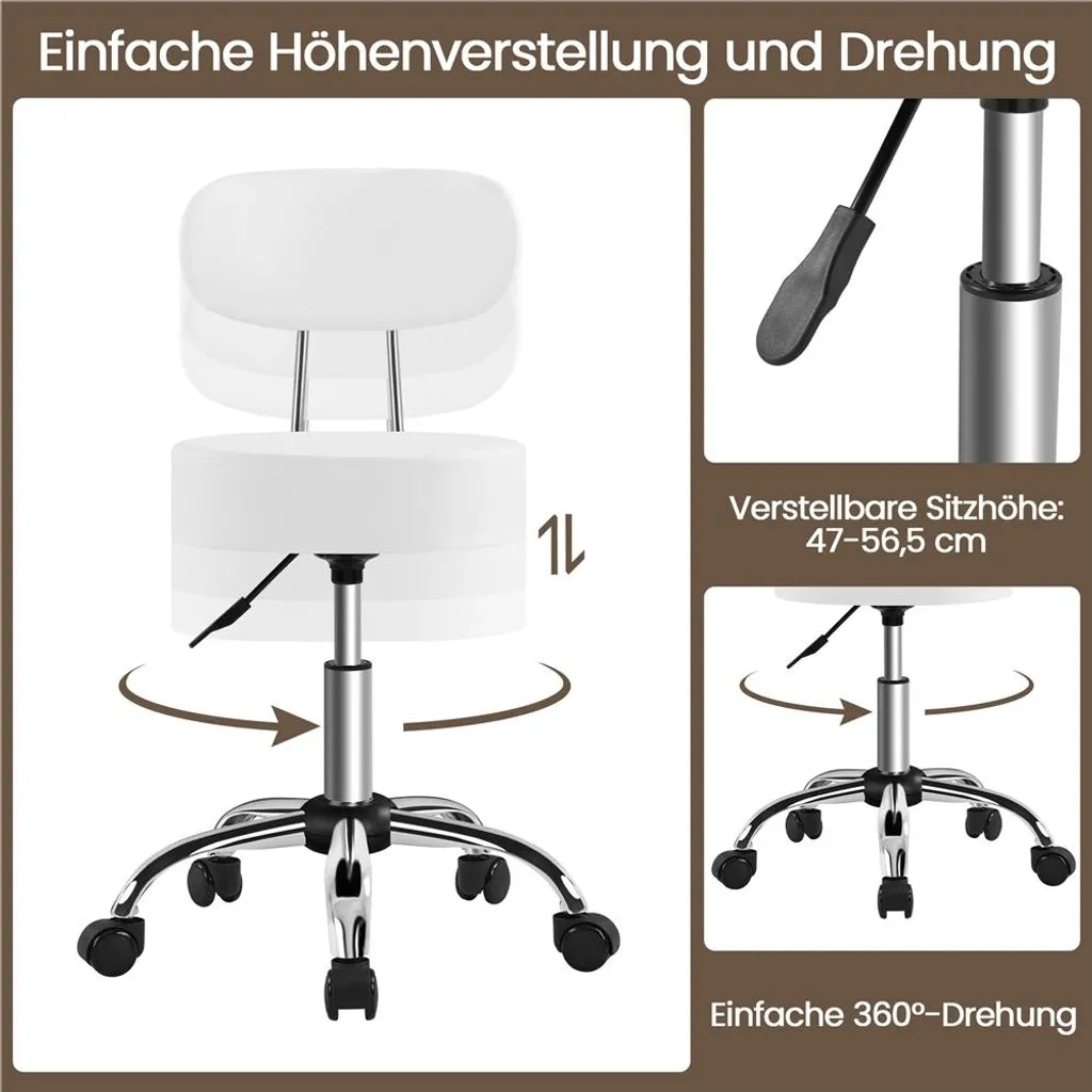 Tabouret de maquillage Yaheetech avec assise pivotante à 360° et roulettes - Blanc - 52 x 44,5 x 75,5-85 cm
