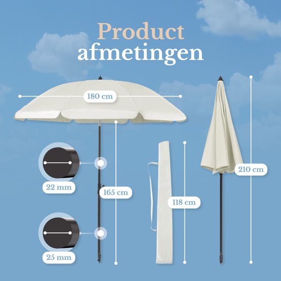 Ensemble de parasol O’DADDY® – Inclinable et réglable – Imperméable – Résistant aux UV – Avec piquet et sac de transport – Plage, jardin et balcon – 180 cm – Beige