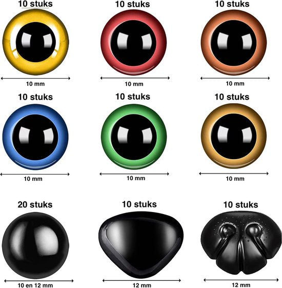 Yeux de sécurité colorés de Faas - 100 pièces - Nez de sécurité et rondelles inclus - Couleurs multiples