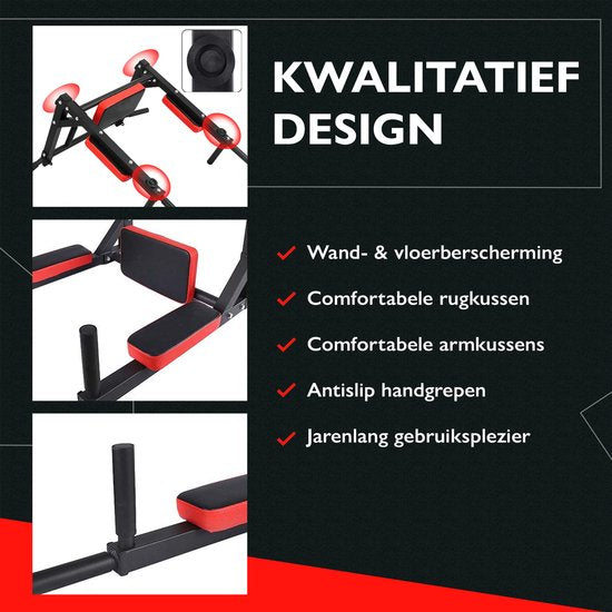 Zoluko Professional Dip & Pull Up Bar Wall Mount - Capacité de charge de 200kg - Dip Station - Including E-book - Easy Mounting - 2 in 1 Pull Up Station and Dip Station for Home Sports - Pull Up Bar Fitness - Dip Bars - Chin Up Bar - Black/Red