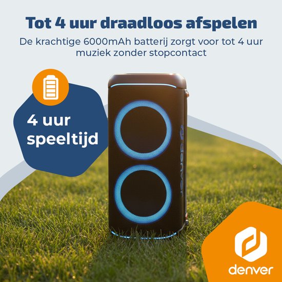 Enceinte Bluetooth Denver Party Box - Lumières disco - Partybox - Microphone inclus - Haut-parleur - BPS470