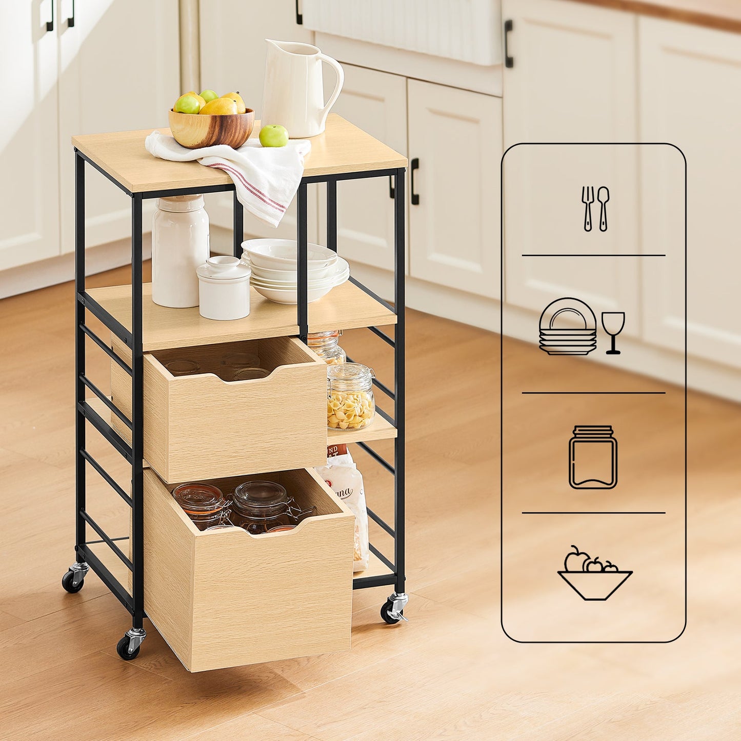 Chariot de cuisine Sobuy en bois naturel et métal noir - Chariot roulant scandinave - 89x53x37 cm