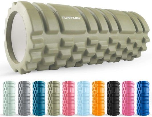 Rouleau en mousse Tunturi Yoga Grid - Rouleau de massage - Rouleau en mousse - Rouleau de fitness - Vert militaire - 33 cm - Application de fitness gratuite incluse