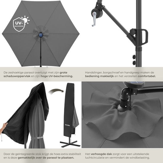 tectake® Parasol suspendu avec pied - 3,5 x 3,5 m - Parasol de jardin avec éclairage LED à énergie solaire - Orientable - Polyester hydrofuge avec protection UV - Housse incluse - Gris