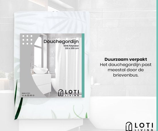 Loti Living Rideau de douche anti-moisissure - Feuilles - Anneaux inclus - Imperméable - Polyester - Rideau de douche 120x200 cm