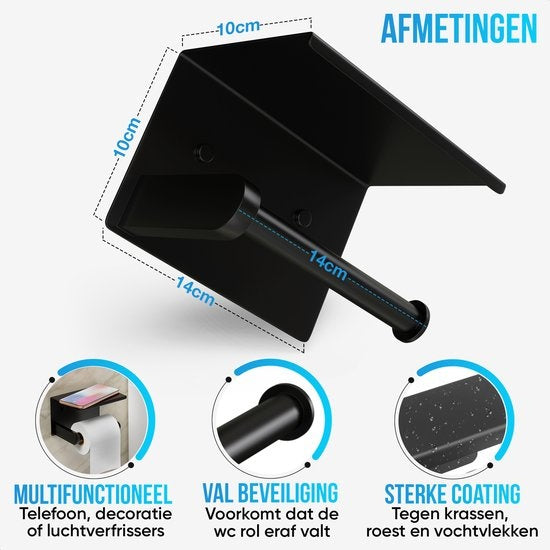 Strex Porte-rouleau de papier toilette avec étagère - Noir - Autocollant / Perçage / Sans perçage - Porte-rouleau de papier toilette - Porte-papier toilette