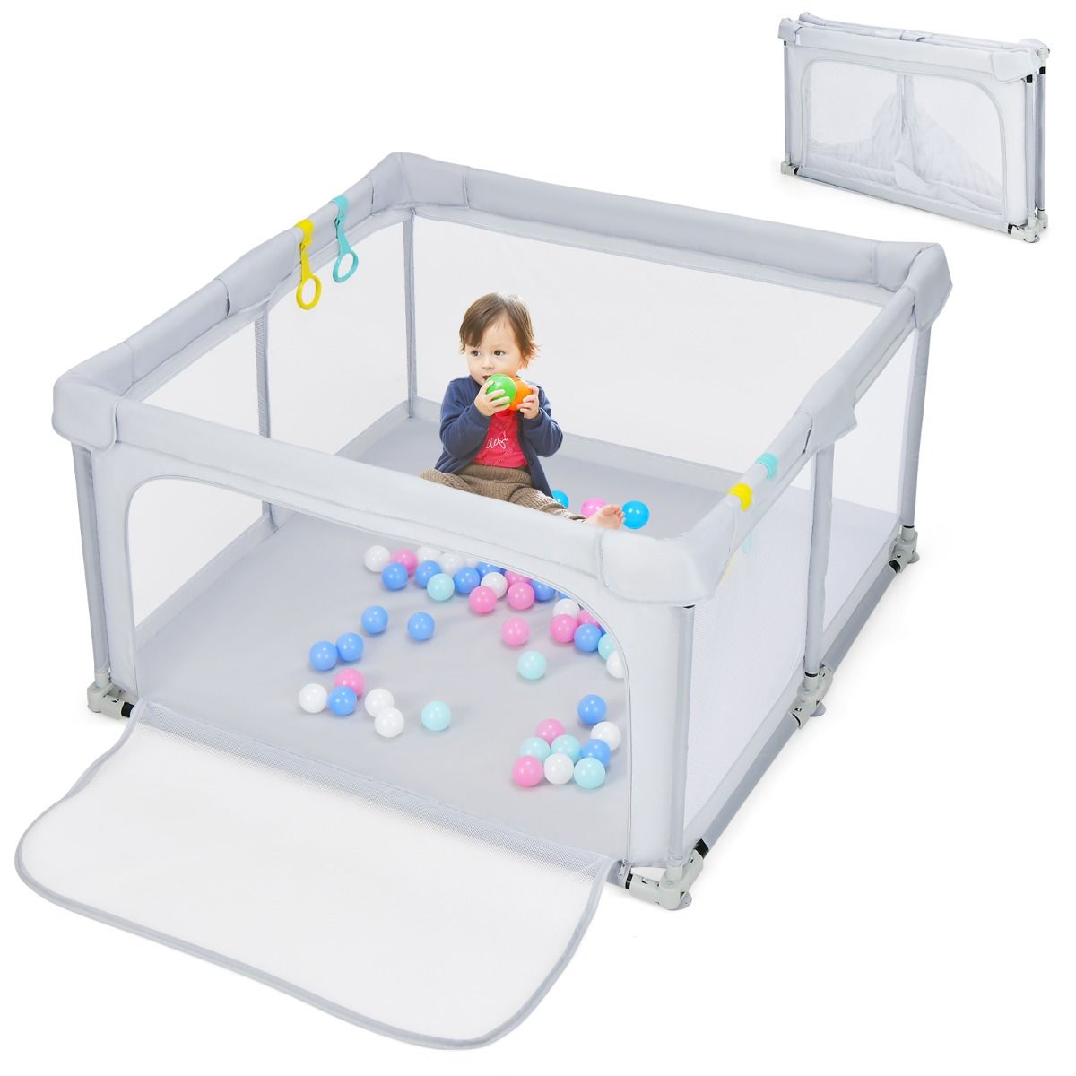 Coast Baby Box pliable 124x124x70 cm Gris avec 50 boules Ocean et 4 poignées - Tissu Oxford, maille respirante