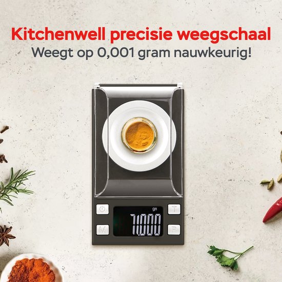 Kitchenwell mini balance de cuisine de précision numérique - 0,001 à 100 grammes - 11,0 x 6,3 cm - balance de poche à piles - balance de cuisine