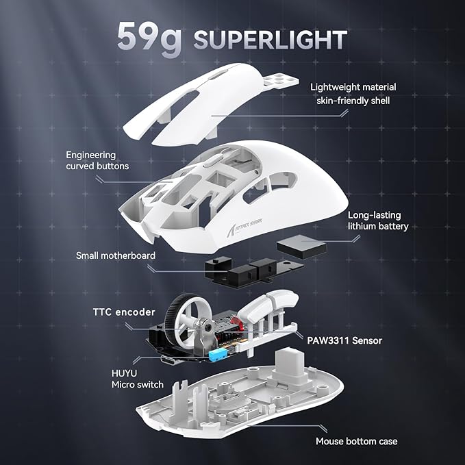 ATTACK SHARK R1 Superlight Gaming Mouse 59g - Blanc - 12.2 × 6.4 × 3.8 cm - Sans fil et filaire - Jusqu'à 18 000 DPI - 65 heures d'autonomie de la batterie