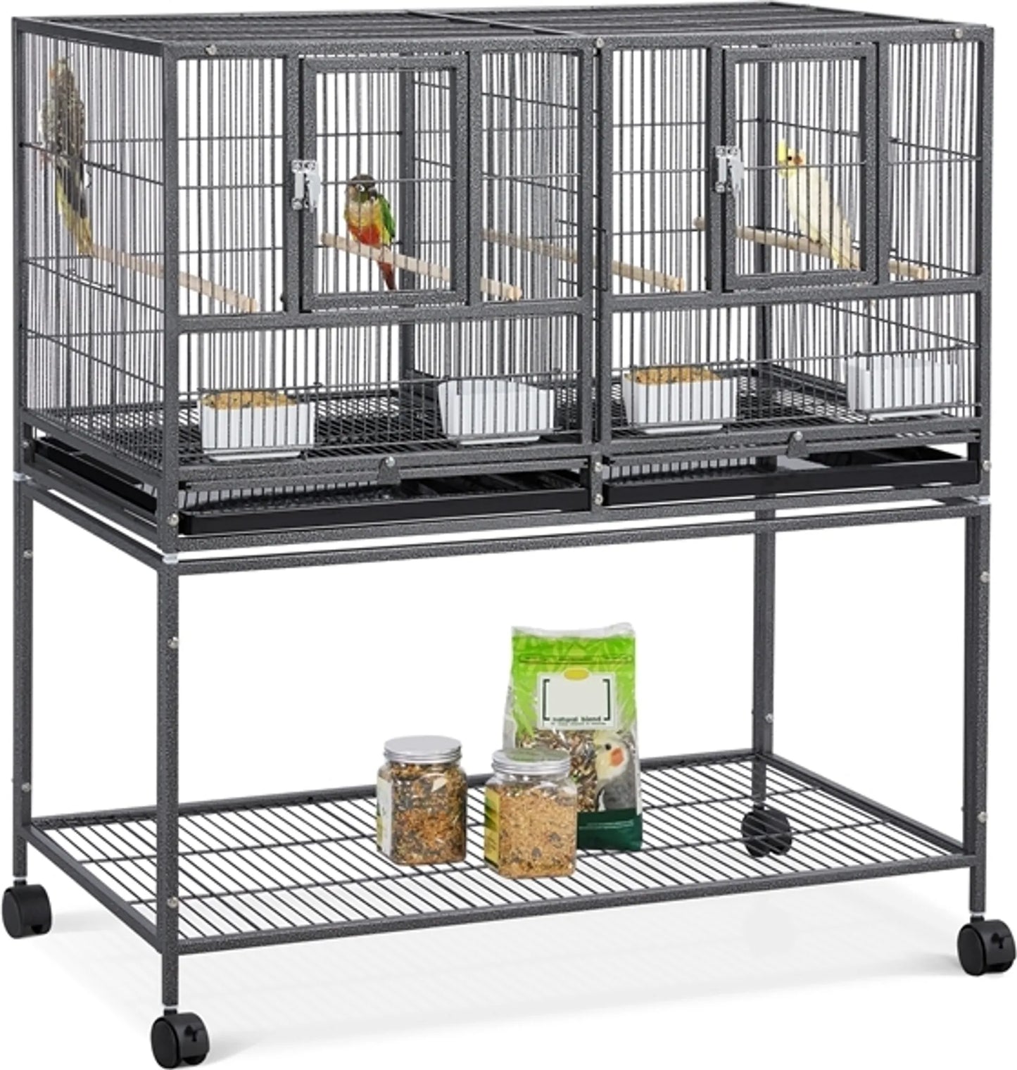 Yaheetech Cage à oiseaux avec cloison - Avec support amovible et quatre perchoirs et rangement - Pour canaris et perruches - Métal laqué noir et bois - 95,5 x 45,5 x 105 cm