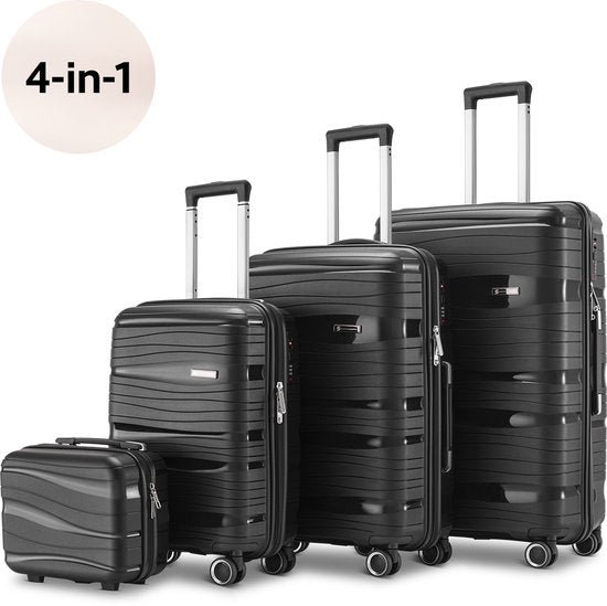 SKYCASES Travelin' Charm 4-Piece Trolley Set - Hand Luggage & Check-in Suitcases - 32L/60L/98L - Number Lock - 360° Noiseless Wheels - Lightweight & Sturdy - Modern Design - Black V2