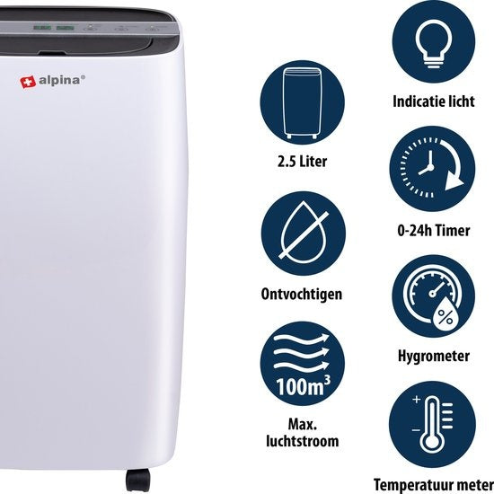 Déshumidificateur et purificateur d'air alpina - Silencieux : 46 dB - Déshumidifie jusqu'à 10L par jour