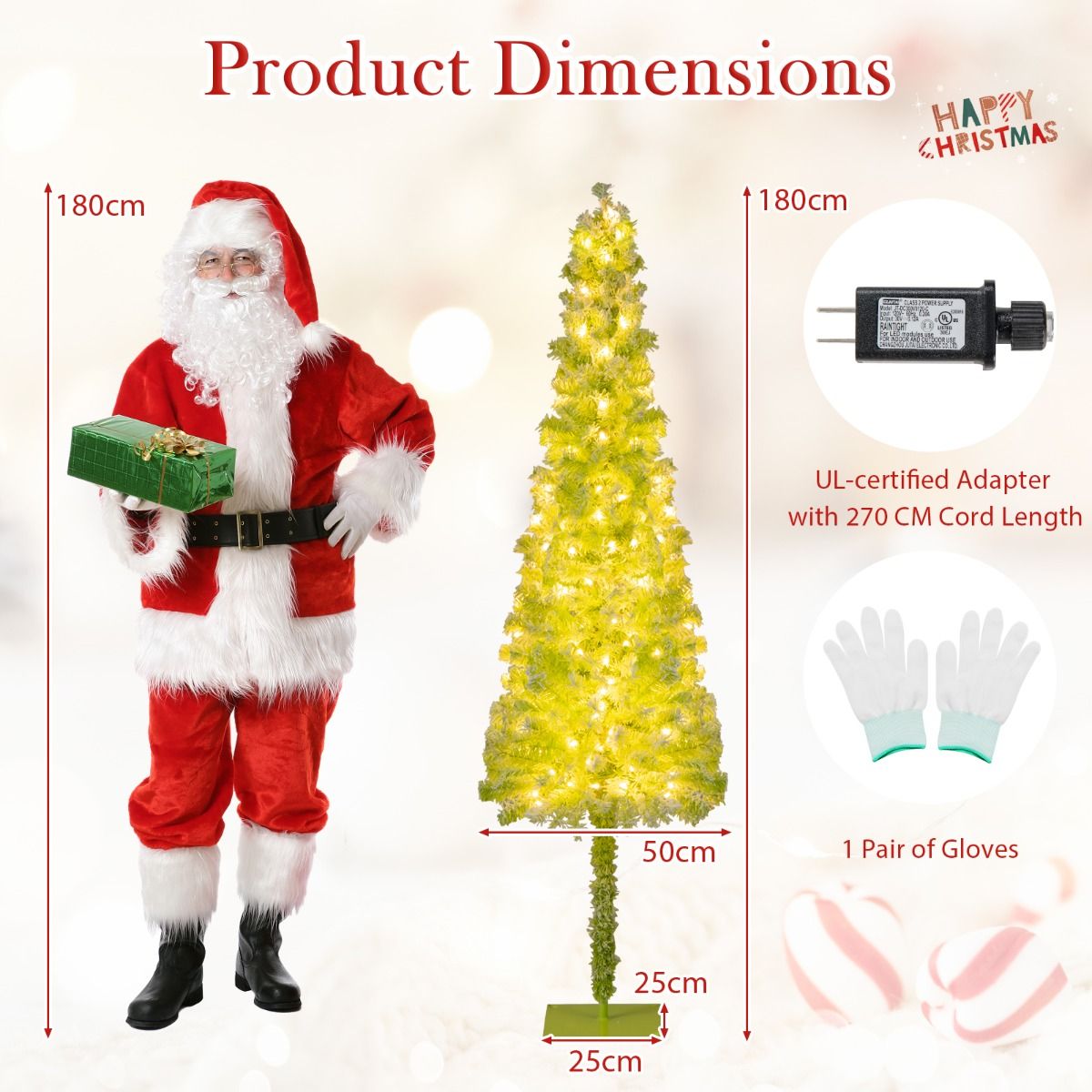 Coast Arbre de Noël artificiel avec lumières et neige - 50 x 180 cm - avec sommet pliable et 120 lumières LED blanc chaud et 8 modes d'éclairage - pour le thème de Noël et de l'hiver - PVC vert neige et métal