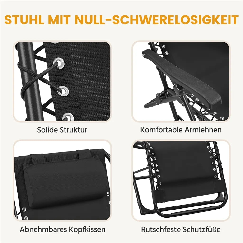 Yaheetech Lot de 2 chaises longues Zero Gravity - Noir - Chaises longues pliables avec oreiller et porte-gobelet