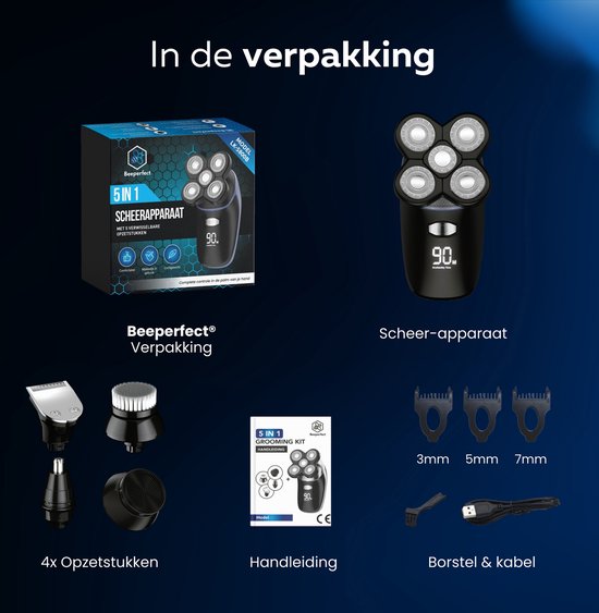 Beeperfect® Rasoir 5-en-1 pour hommes - Tondeuse - Rasage à sec et humide sans fil - Rasoir électrique - Tondeuse à barbe - 5 accessoires
