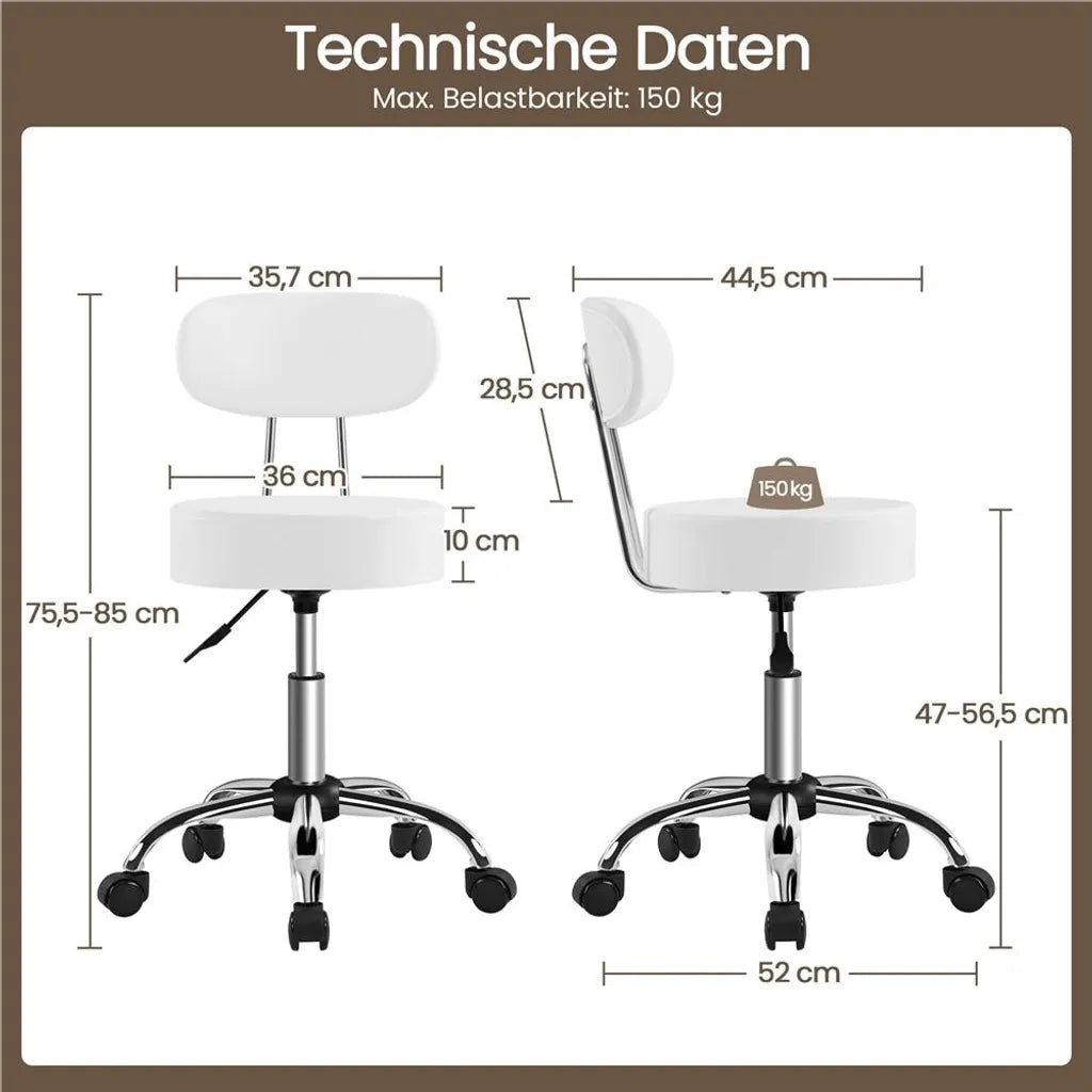 Tabouret de maquillage Yaheetech avec assise pivotante à 360° et roulettes - Blanc - 52 x 44,5 x 75,5-85 cm