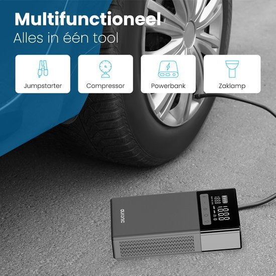 Auronic Jumpstarter - avec compresseur - 12V - 1500A - 16,000 mAh - Aide au démarrage 6-en-1 - Sac de rangement et accessoires inclus - Noir/Gris