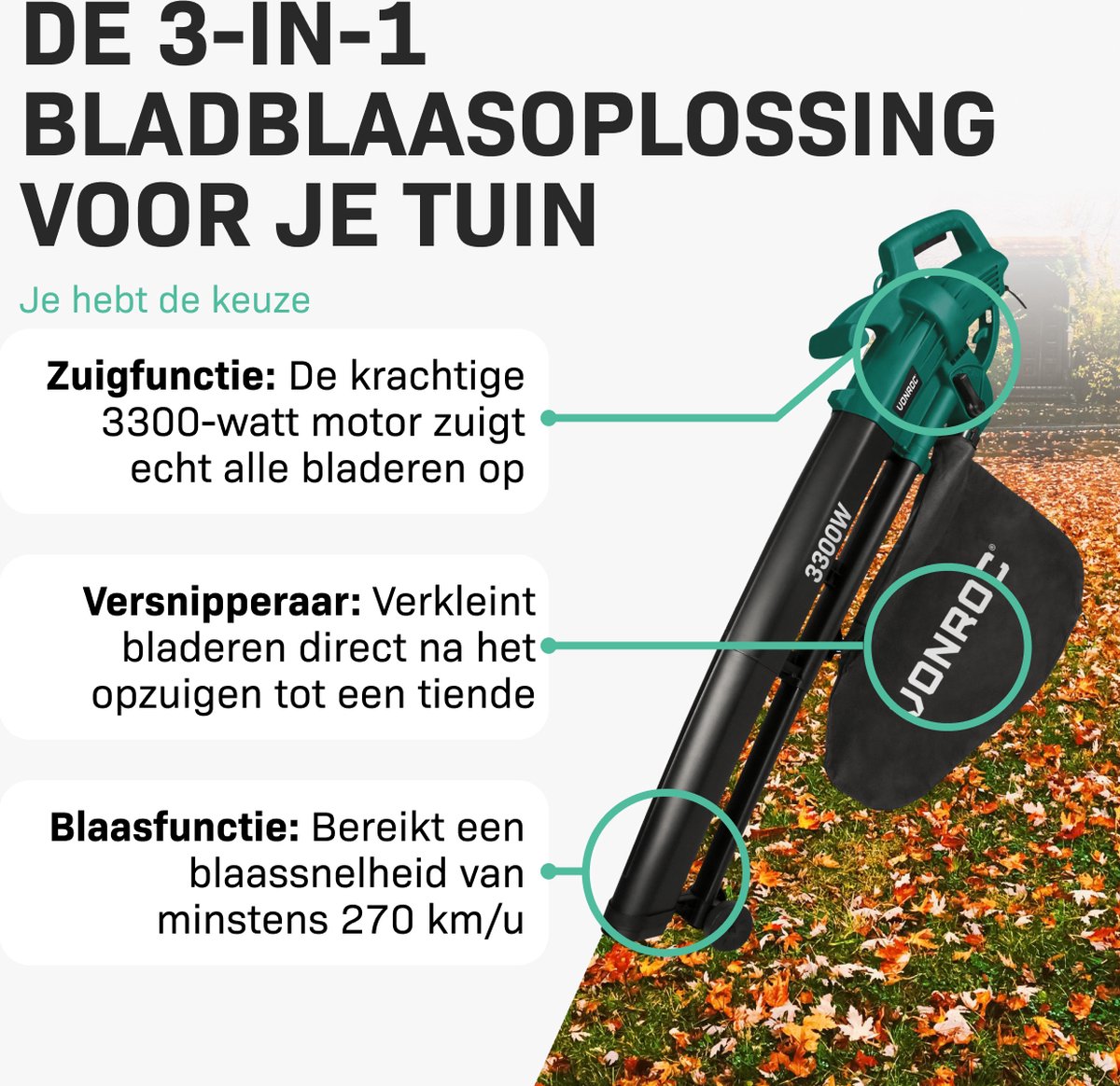 VONROC Souffleur de feuilles - Aspiration et broyage - 3300 W - Sac de ramassage de 40 litres inclus - Noir