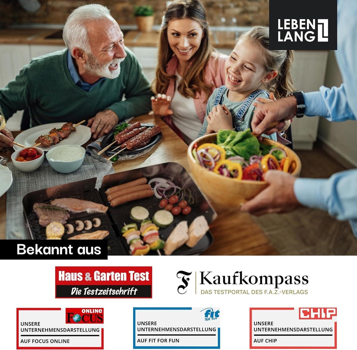 LEBENLANG Electric Table Grill 2400W - Gris - 2x plaques de cuisson (striées et lisses) - 55 x 30 cm - Pince à griller et protection anti-éclaboussures incluses - Pour l'intérieur et l'extérieur