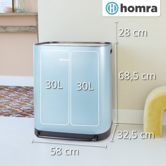 Poubelle Homra Rockx 60 litres - Poubelle à double pédale 2 x 30 L avec filtre anti-odeurs - Poubelle de tri sélectif en acier inoxydable à 2 compartiments - Poubelle de recyclage - Poubelle de cuisine - Poubelle de tri sélectif - Poubelles doubles bleues