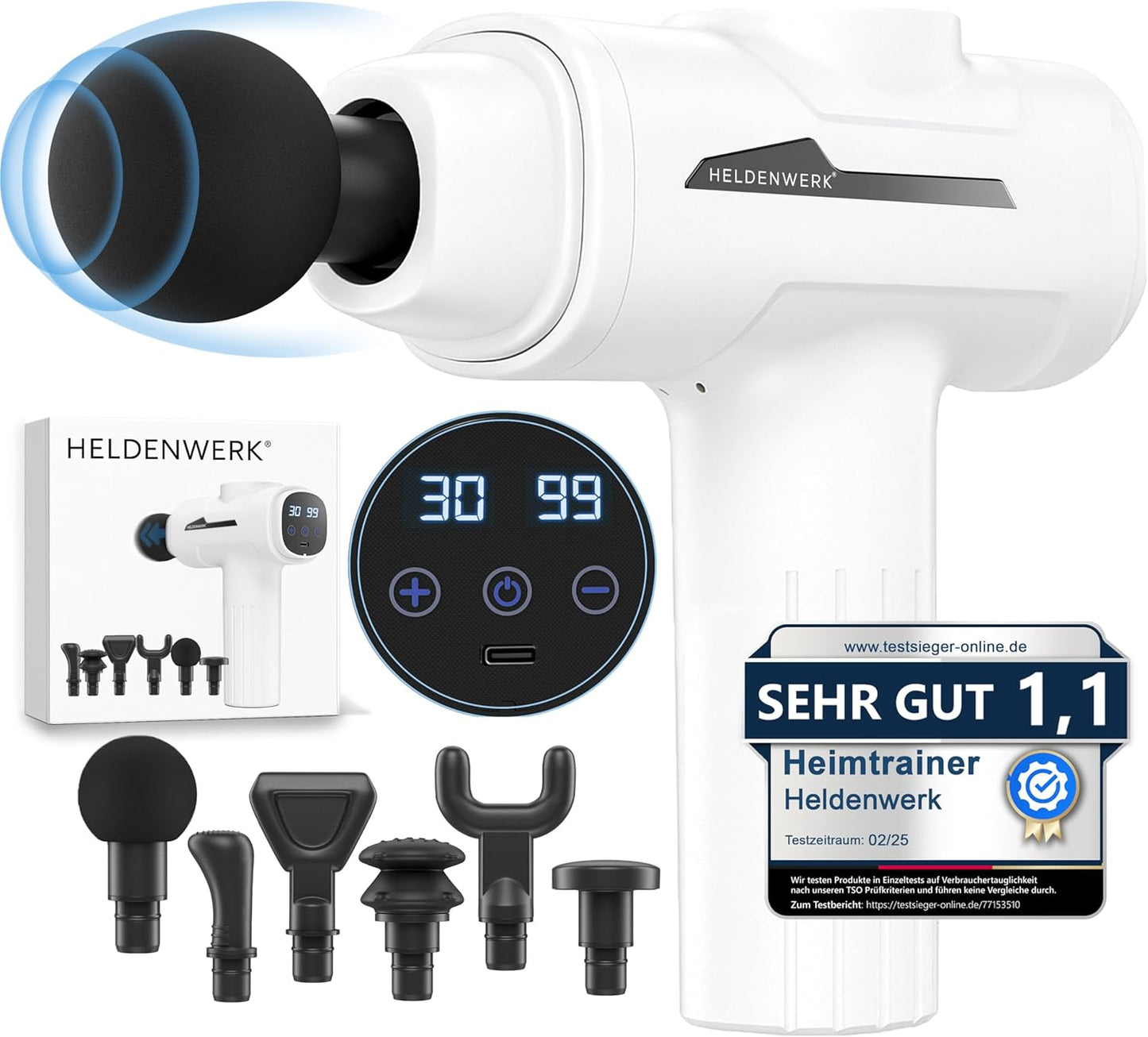 HELDENWERK Pistolet de massage actif - 30 vitesses - 6 têtes de massage - silencieux - rechargeable par USB-C - écran tactile LCD - étui de rangement inclus - blanc