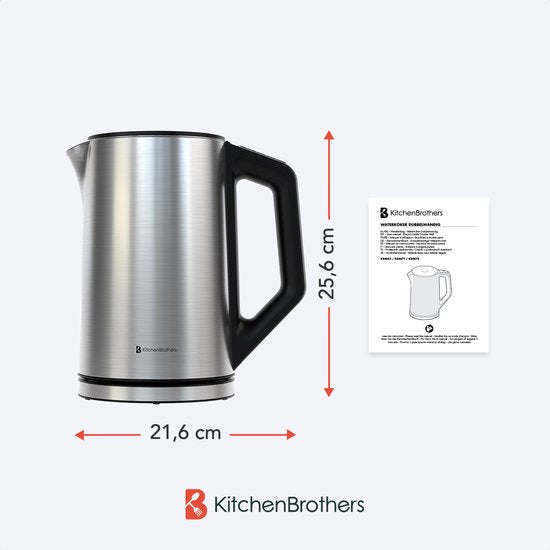 KitchenBrothers Bouilloire - Électrique - 1,5L - 2200W - Contrôle de température réglable - Double paroi - Bouilloire en acier inoxydable - Silver