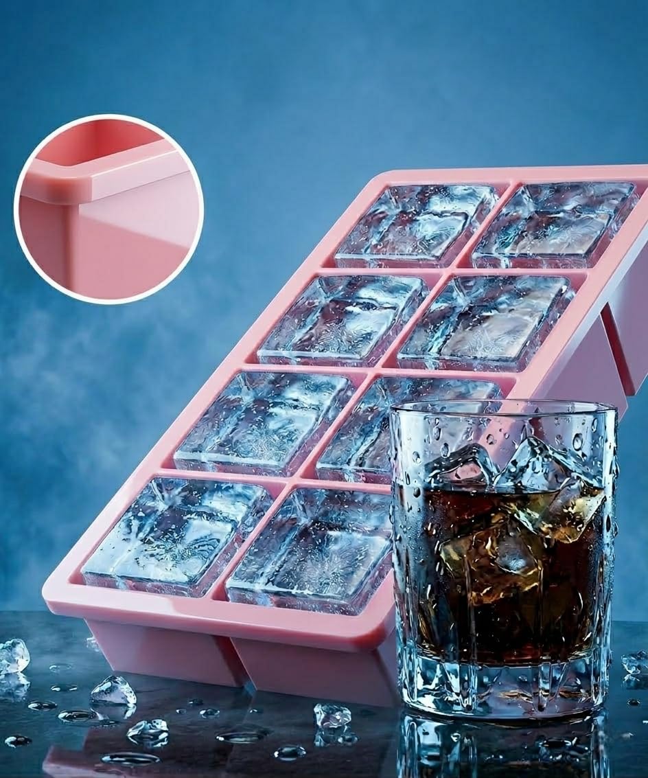Lxndaser : lot de 2 bacs à glaçons grands formats avec couvercle - 16 glaçons carrés de 4,6 cm - Étanches et empilables - Rose foncé et rose clair