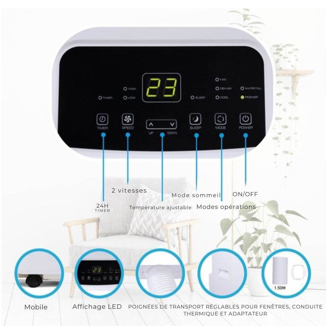 Lifetime - Climatiseur, déshumidificateur et ventilateur - tuyau de vidange - 65dB - Télécommande et minuterie - blanc