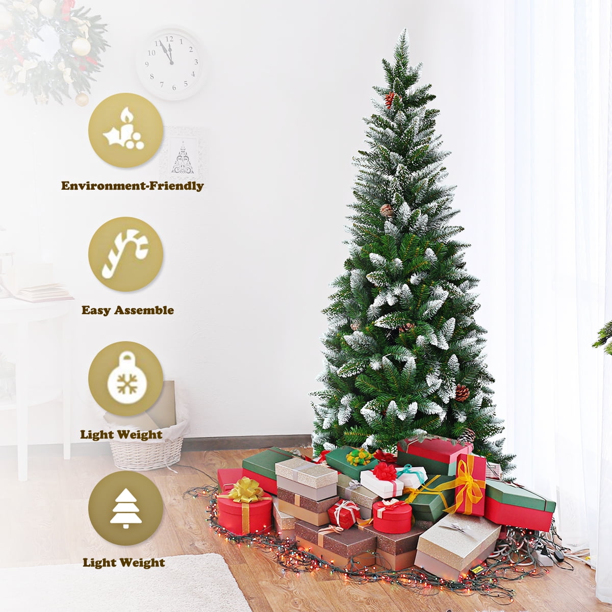 Coast Snowy Slim Artificial Christmas Tree Green/White - 64 x 183 cm - Avec 630 pointes de branches et 29 pommes de pin