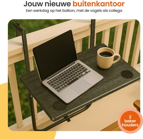 Goliving Table de balcon - Pliante - Suspendue - 60 x 40 cm - Réglable en 3 hauteurs - Résiste aux intempéries - 2 porte-gobelets - Noir