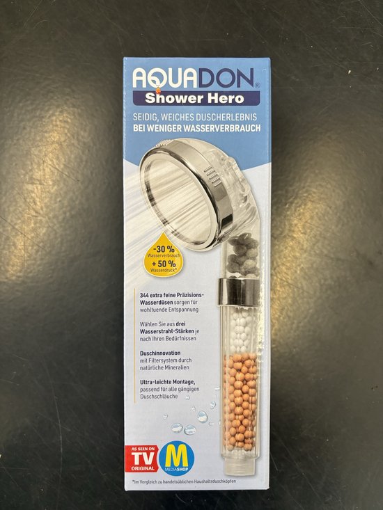 Aquadon Shower Hero - Pomme de douche économe en eau avec perles minérales naturelles - trois intensités de jet - compatible avec tous les flexibles de douche courants - 3 types de jet - augmente la pression de l'eau - permet d'économiser l'eau