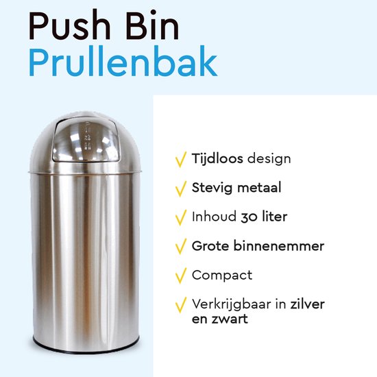 BRASQ Push Bin Acier inoxydable Poubelle avec bac à déchets amovible 30 litres - Poubelle - Poubelles