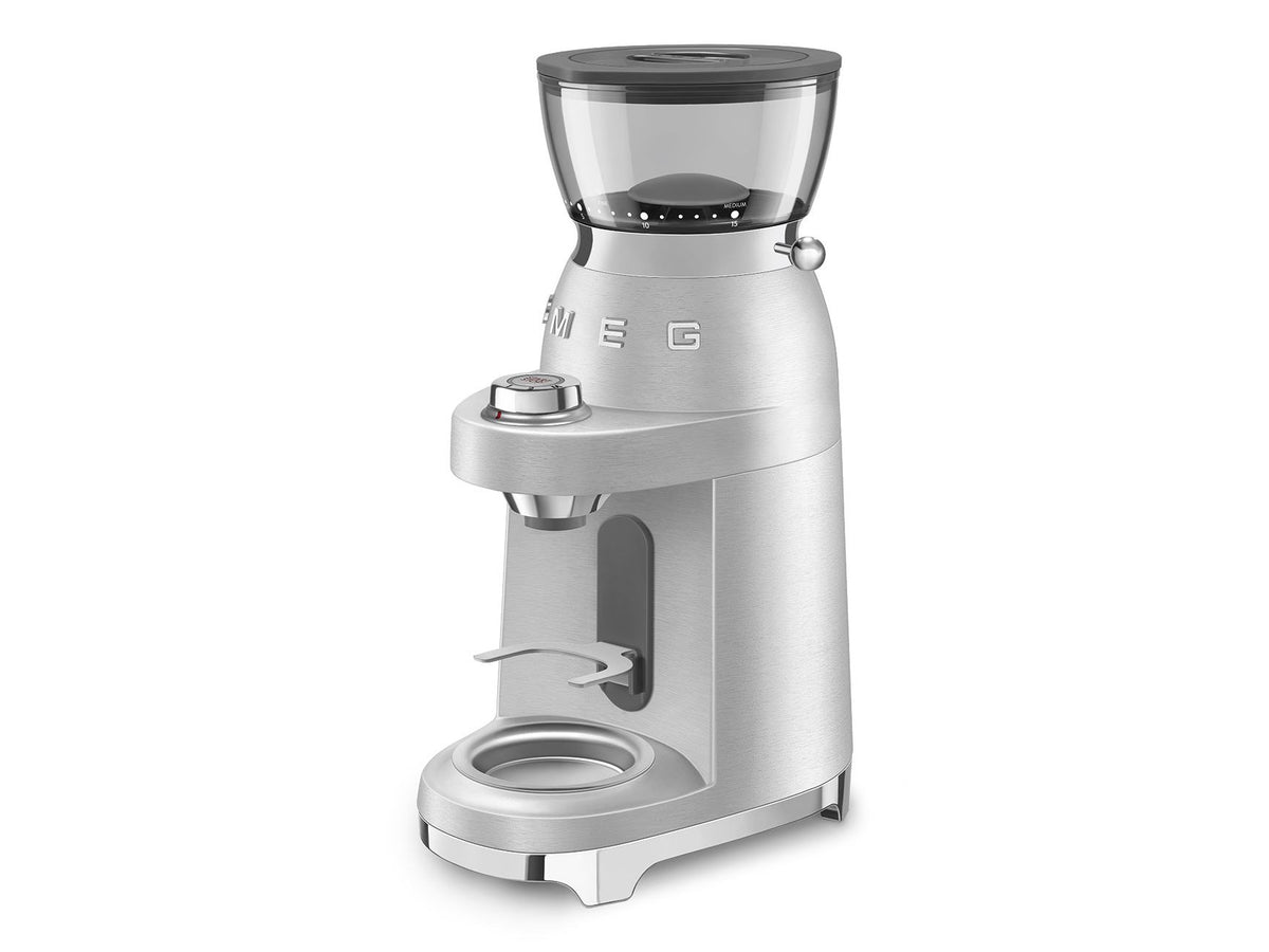 Moulin à café Smeg en aluminium CGF02SSEU – Meule conique avec 50 niveaux de mouture – Argent / Acier inoxydable
