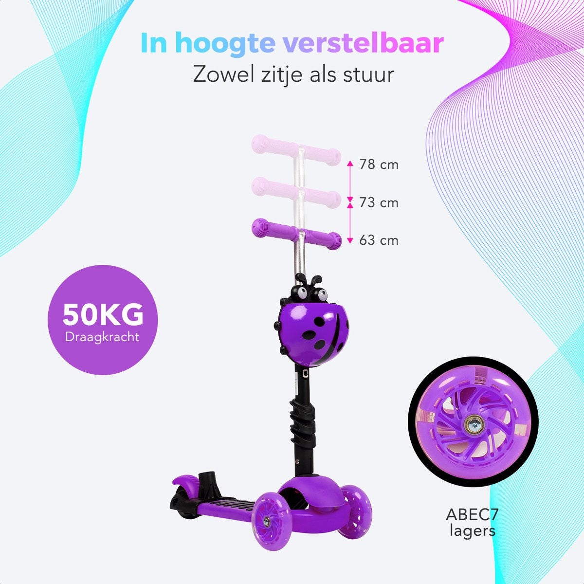 Scooter pour enfants avec barre de poussée - LifeGoods MultiRider - 3 à 8 ans - garçons/filles - 3 roues lumineuses - violet