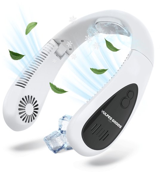 Vulpes Goods® Tech - Ventilateur de cou avec élément de refroidissement - Rechargeable et silencieux - Ventilateur de visage portable - 3 étapes avec refroidissement supplémentaire - Version ELITE