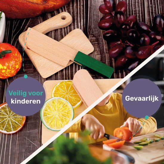 Qwali Set de couteaux en bois pour enfants - sûr - planche à découper incluse - Enfants - Coutellerie - Couteaux Enfant - Cuisine - Jouets